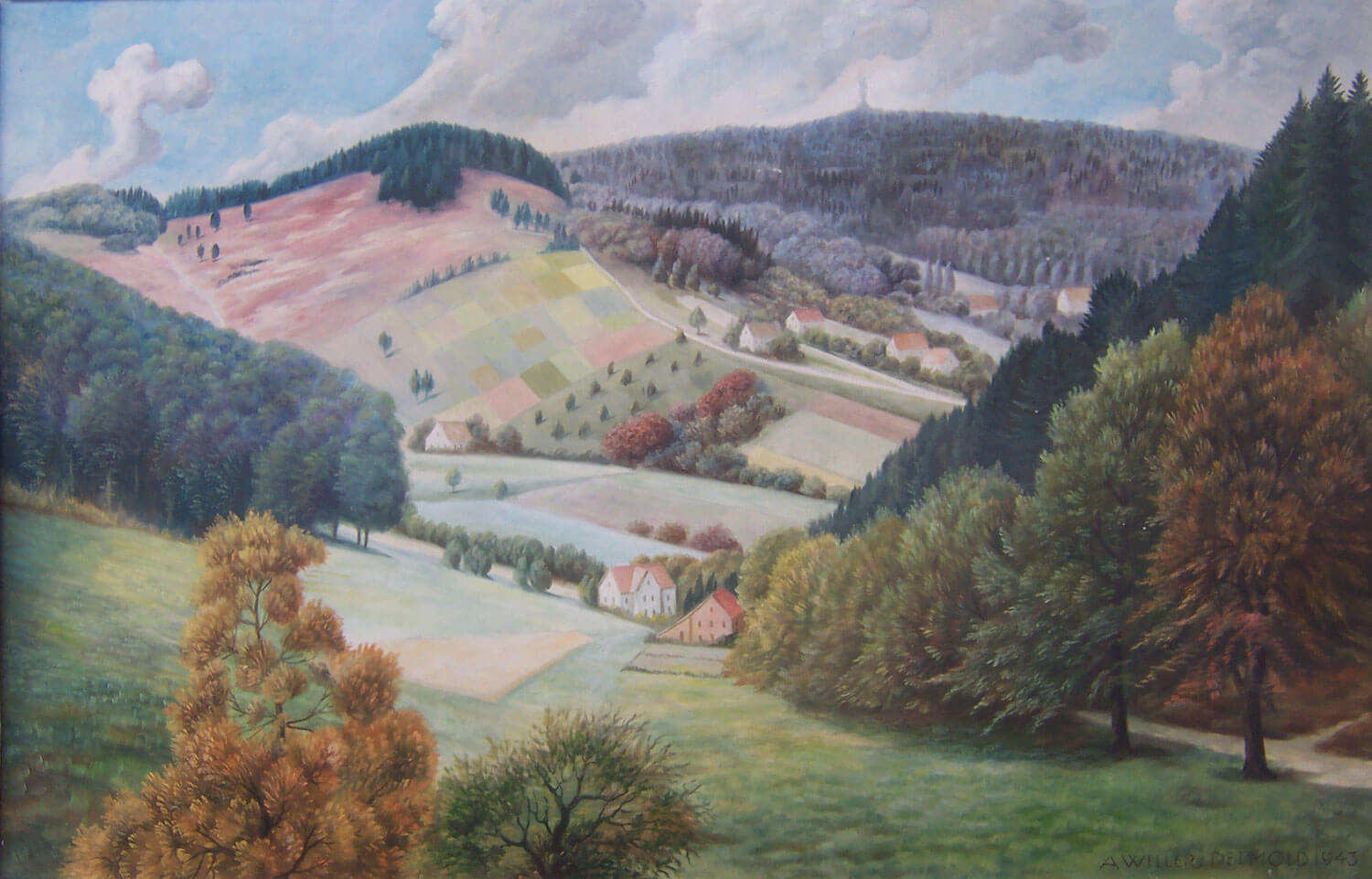 „Lippische Schweiz mit Blick auf das Hermannsdenkmal“, Heimatbild von August Willer, Detmold